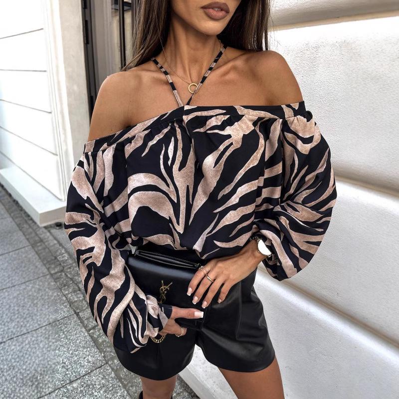 2025 New Sexy Off-Shoulder Halter Long Sleeve Printed Lantern Sleeve Top for Women