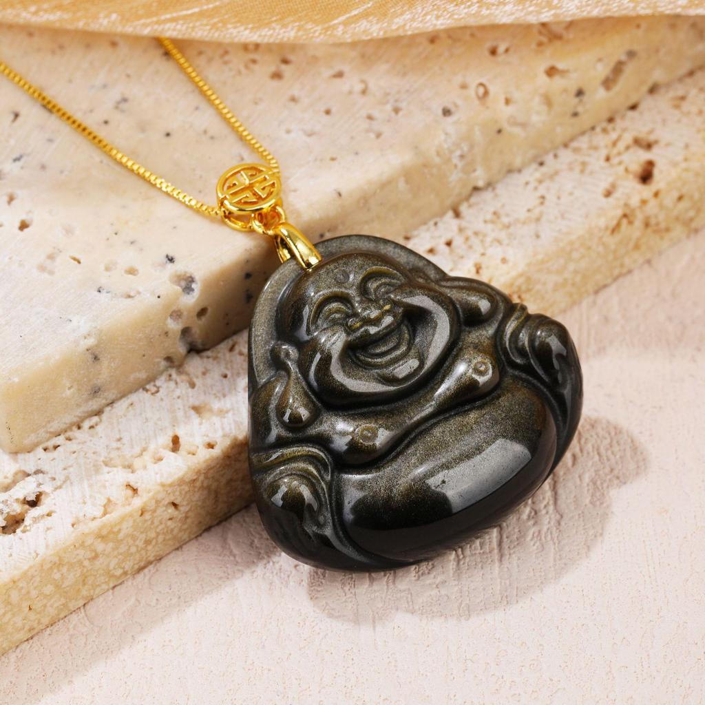 Exquisite Natural Gold Obsidian Laughing Buddha Pendant Amulet Necklace with Clavicle Chain.