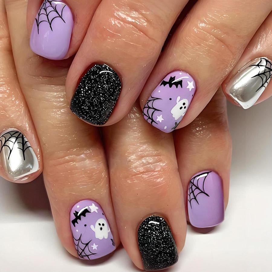 Sweet Purple Little Devil Halloween Press-on Nails with Glitter Silver Edges