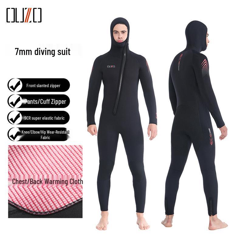 OUZO 7mm Men's One-Piece CR Elastic Wetsuit for Cold-Proof Diving, Surfing, and Winter Swimming.