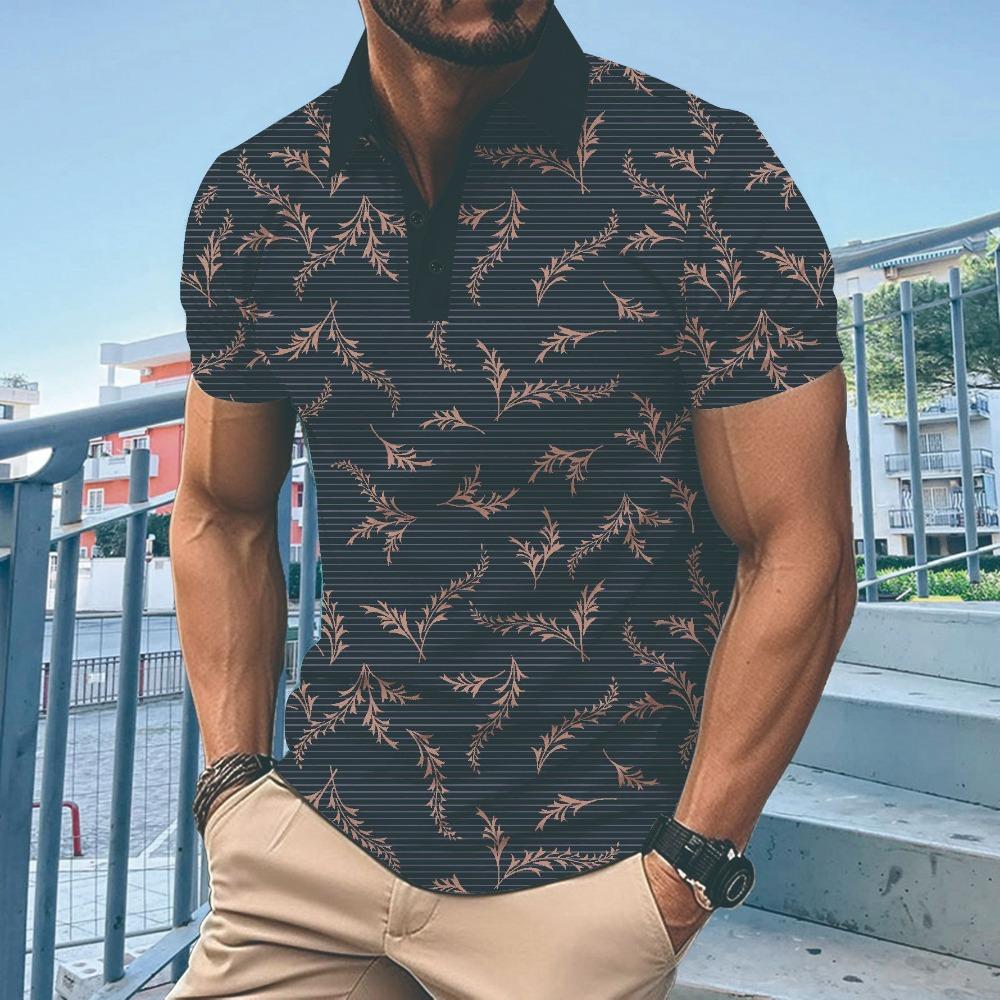 Men's Striped Printed Lapel Short Sleeved Polo Shirt