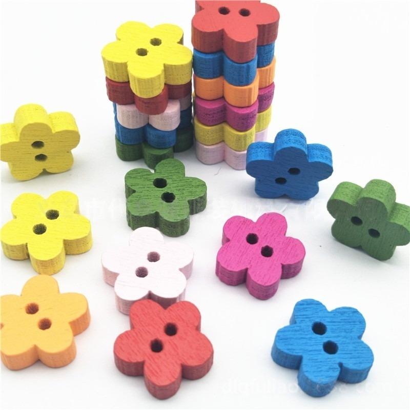 100PC Wood Sewing Buttons, Flower Buttons with 2 Holes Buttons for Sewing DIY Craft Decorative