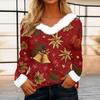 Top casual alla moda da donna a maniche lunghe con stampa natalizia e colletto in flanella