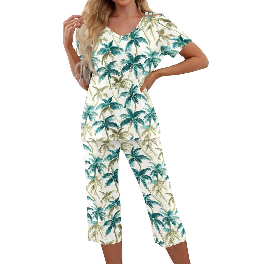 2 Piece Sets For Women Short Sleeve Top And Pants With Pockets Workout Soft Print Sets