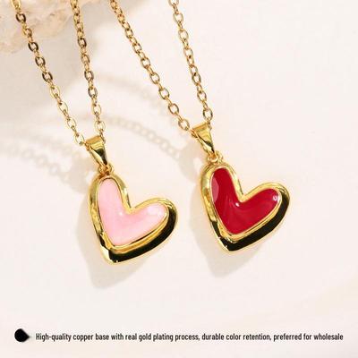 Gold-Plated Colorful Enamel Peach Heart Pendant Necklace - Fashionable and Versatile Clavicle Chain Accessory