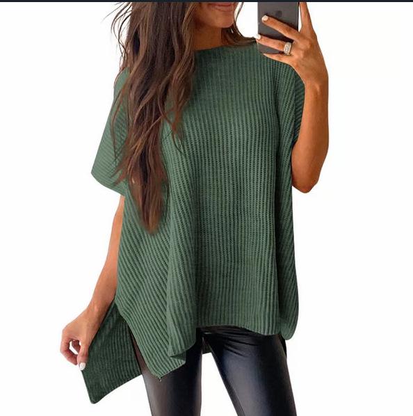 2024 Women's Summer Solid Color Knit Crew Neck Pullover T-Shirt - European & American Casual Loose Fit, Drop Shoulder, Short Sleeve Top