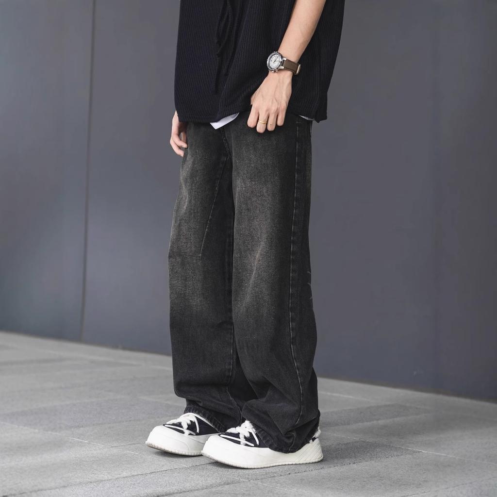 Smoky gray retro jeans men's spring and autumn new loose washed old wide-leg boys straight pants