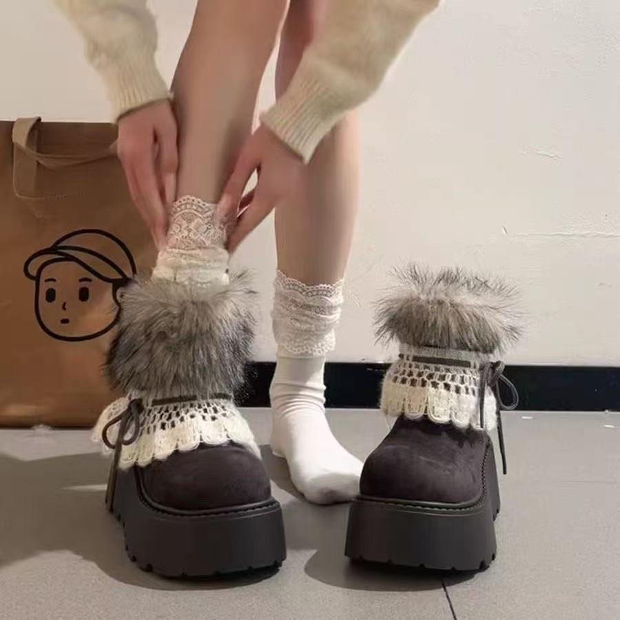 Height-increasing retro lace bow velvet warm snow boots winter new round head fashion boots