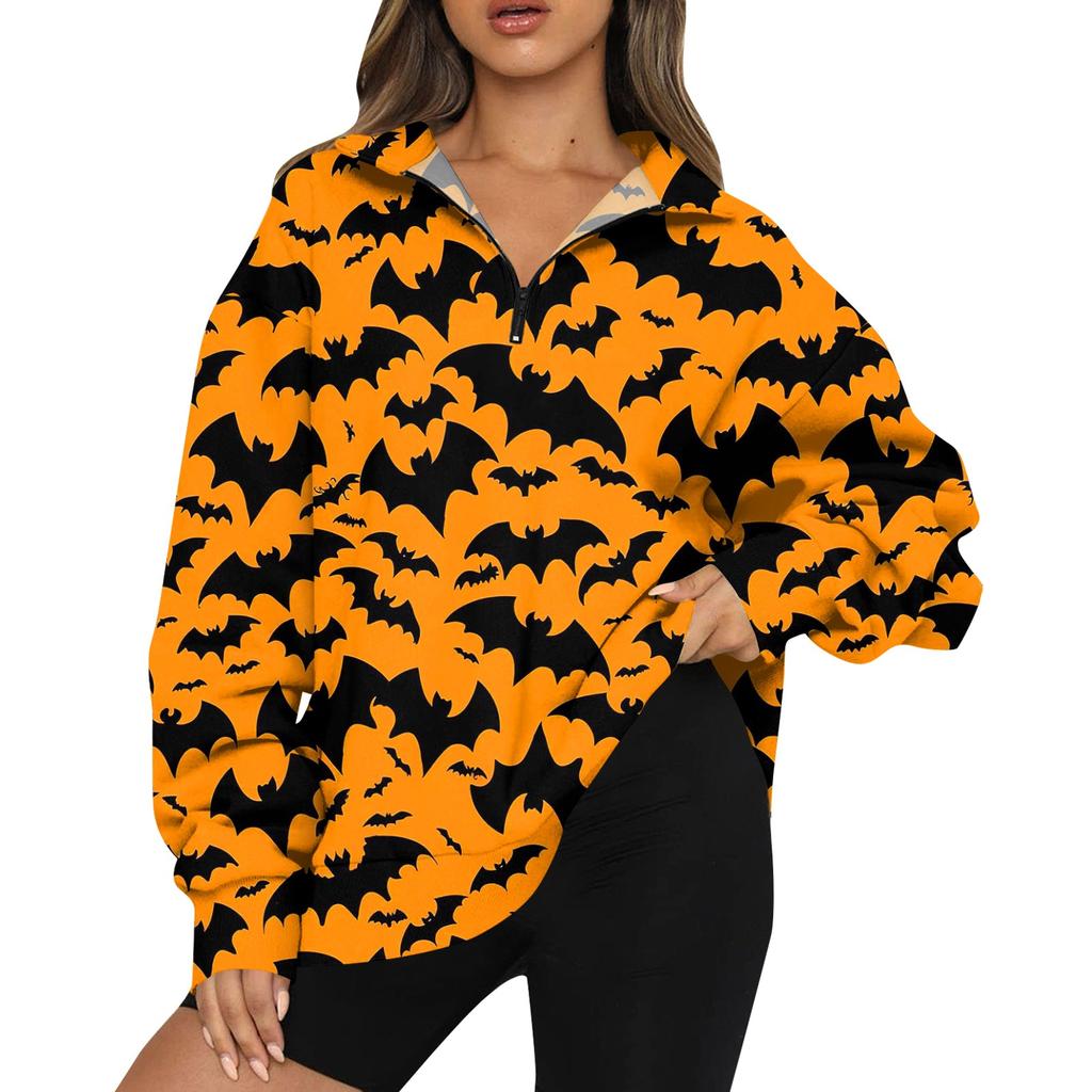 Women's Casual Fashion Long Sleeve  Print Oversize Zip Sweatshirt Top