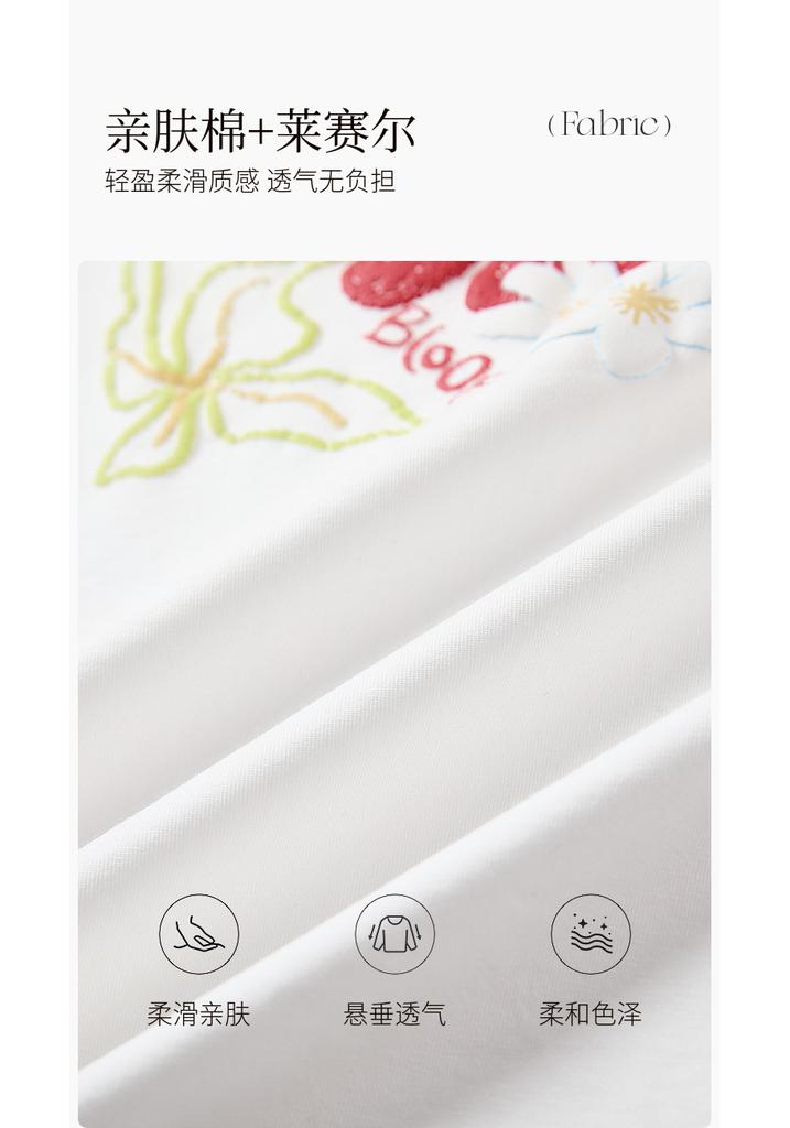 Fragrant Shadow Dopamine Printed White T-shirt for Women, 2026 Summer New Edition, Lyocell Round Neck Loose Casual Short Sleeve Top