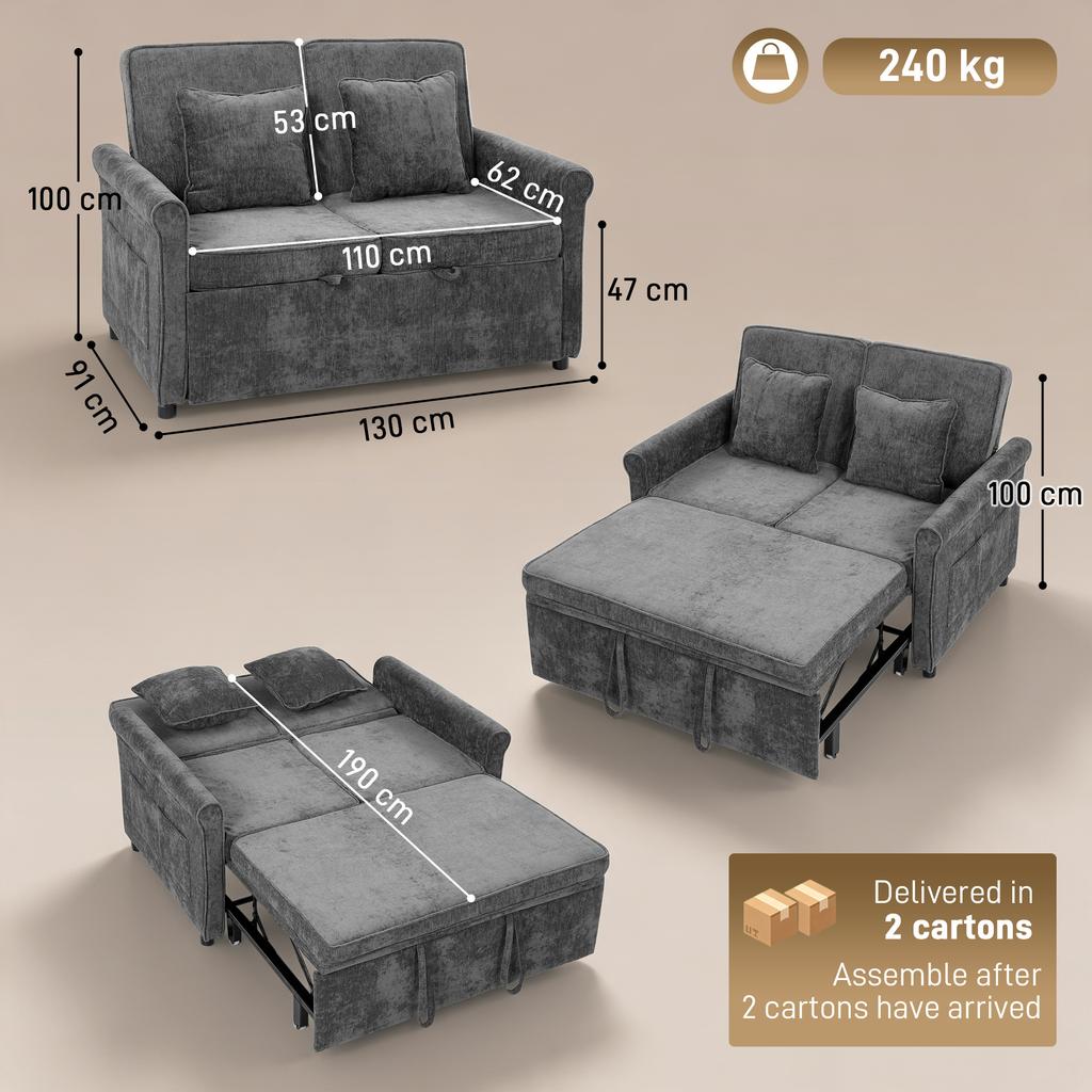 2 Seater Sofa Bed 3-in-1 Convertible Chenille Pull Out Sleeper Sofa with 5-Position Adjustable Backrest, Grey