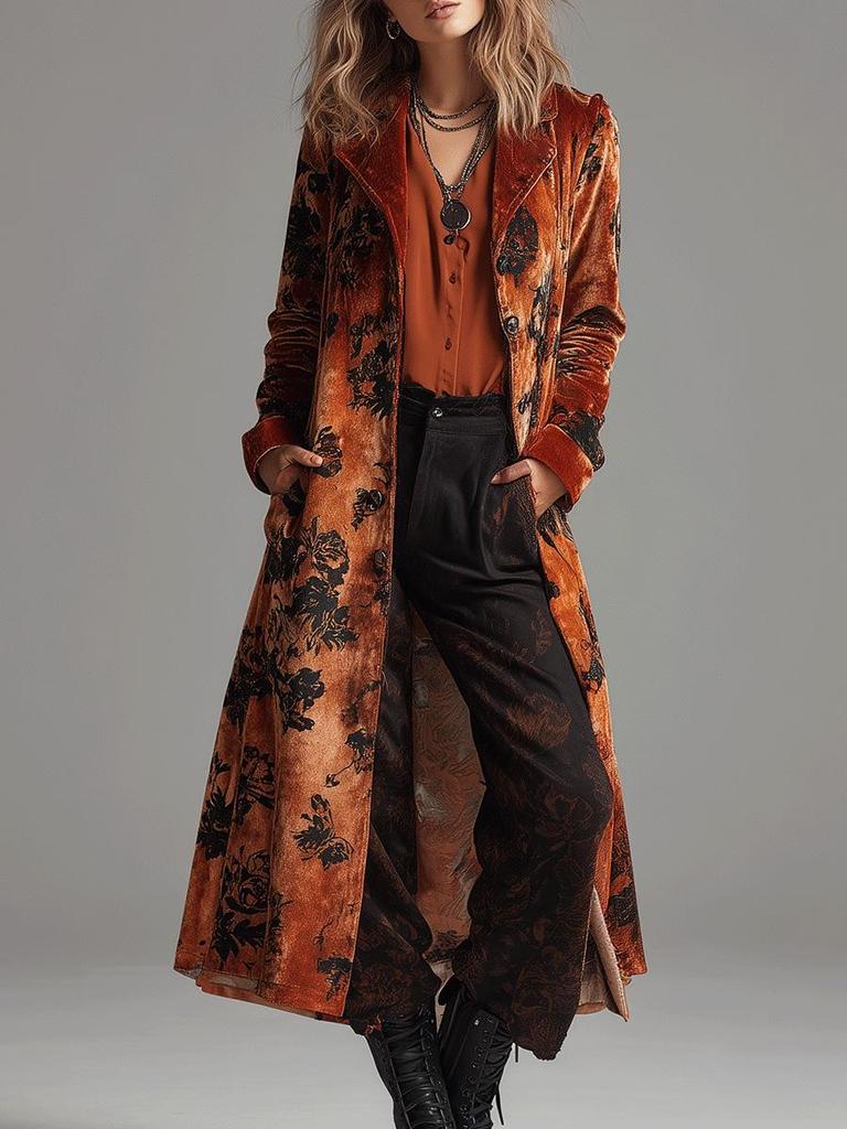 2026 European Retro Velvet Floral Lapel Long Coat - Women's Autumn Winter Fashion.