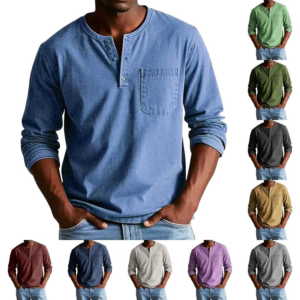 Men's Solid Color Distressed Button Collar Long Sleeve Tops Men's Casual Fashion Tops