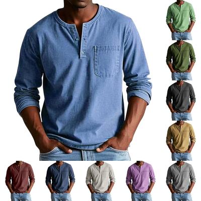 Men's Solid Color Distressed Button Collar Long Sleeve Tops Men's Casual Fashion Tops