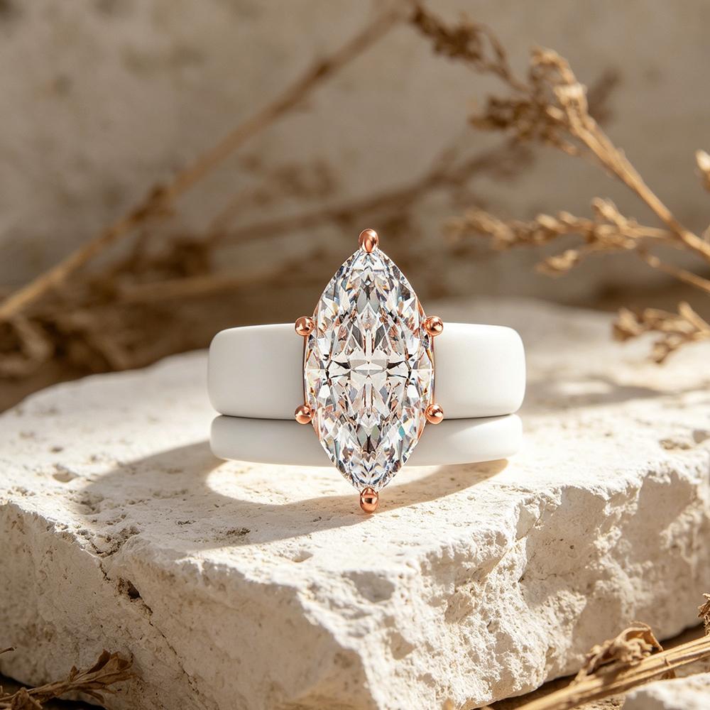 Low allergy white silicone wedding ring set, rose gold CZ diamonds, comfortable and soft rubber strap, suitable for women with s
