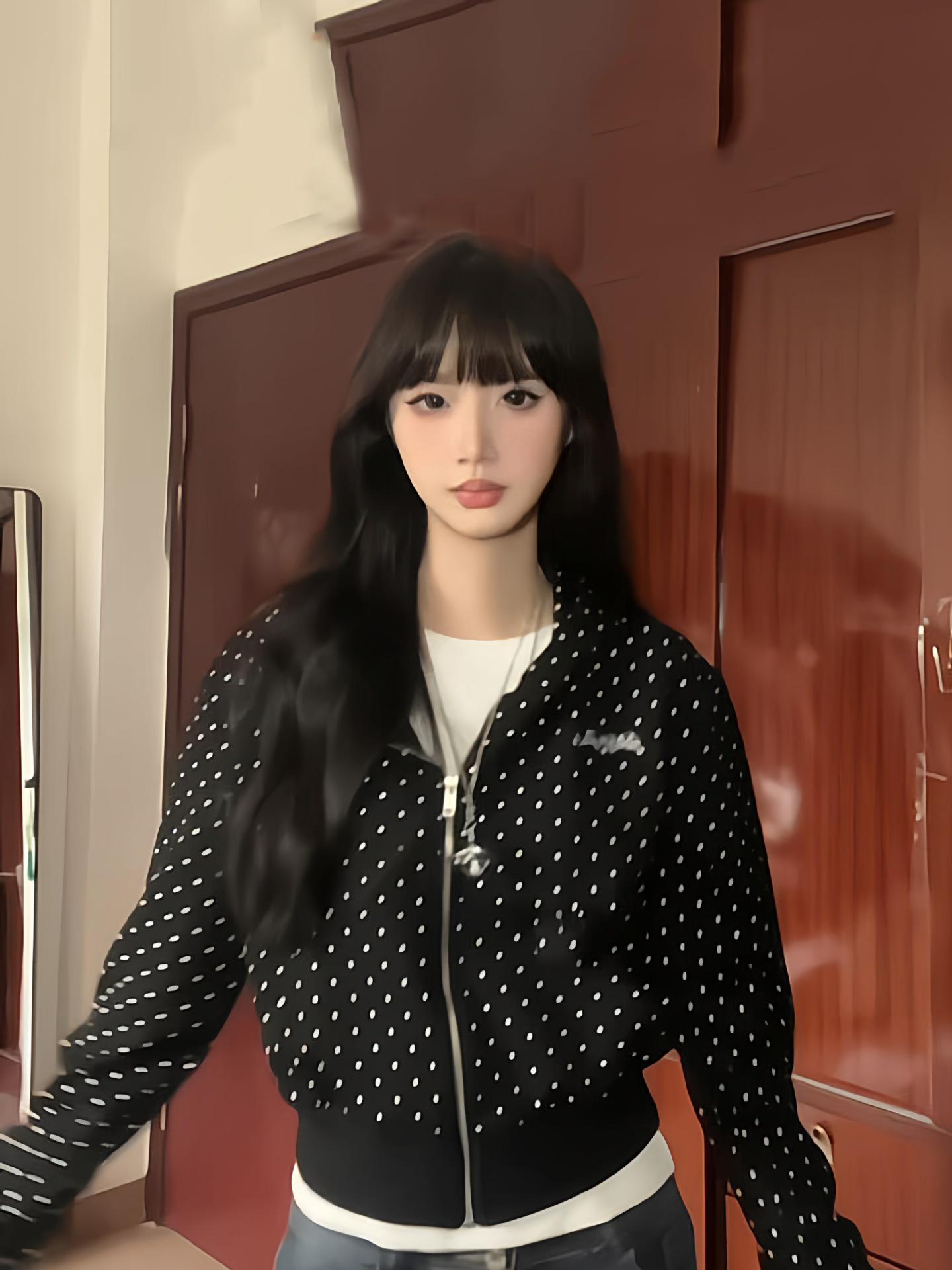 

Женский черный кардиган в горошек с принтом букв - Ретро стиль колледжа с длинным рукавом, демисезонная верхняя одежда Small