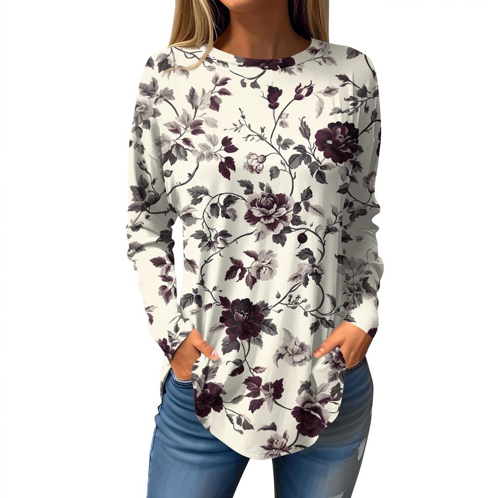 Women's Loose Casual Printed Round Neck Long Sleeved T Shirt Top Pullover Long Sleeved Sweatshirt