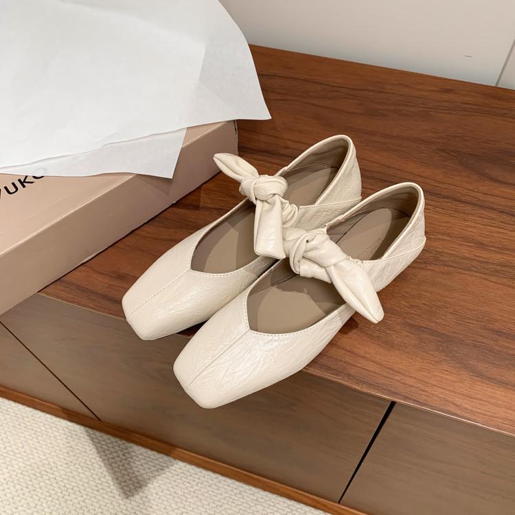 French bow Mary Jane shoes women's flat bottom square head single shoes women's 2025 spring new versatile leather women's shoes