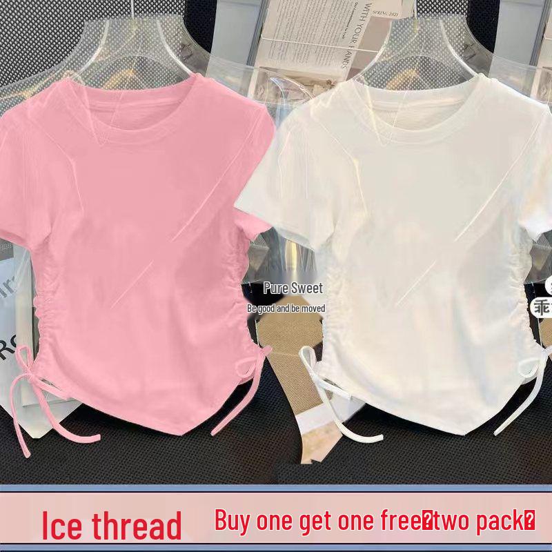 Girls' New Chinese Style Two-Piece Drawstring Summer T-Shirt Set - Printed Fashion Short Sleeve Top