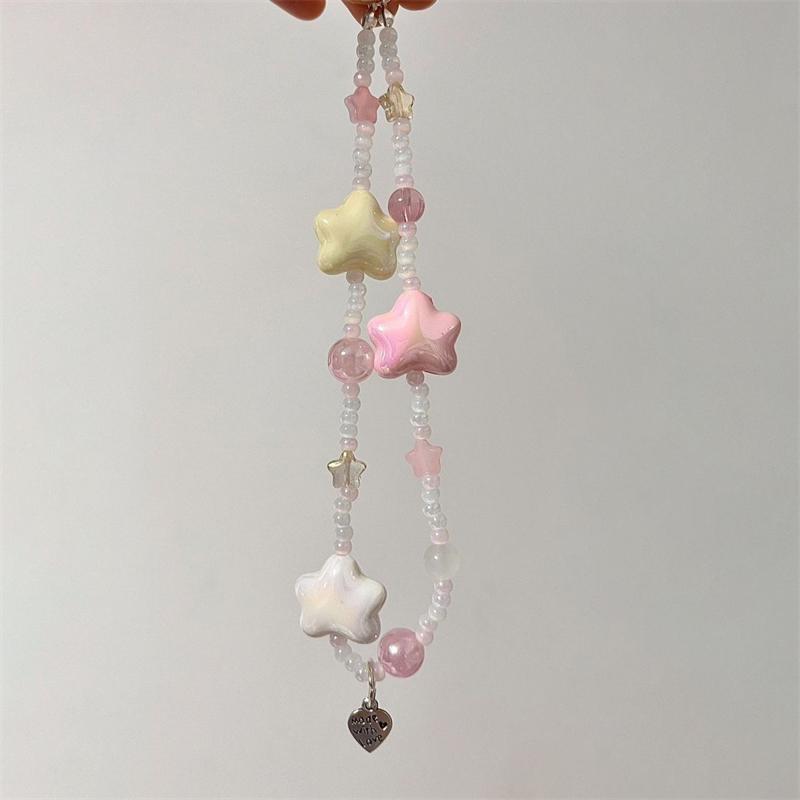 

Korean Cute 3D Pink Star Heart Beaded Phone Chain Charm Lanyard For iPhone Samsung Huawei Universal Accessories Jewelry Pendant