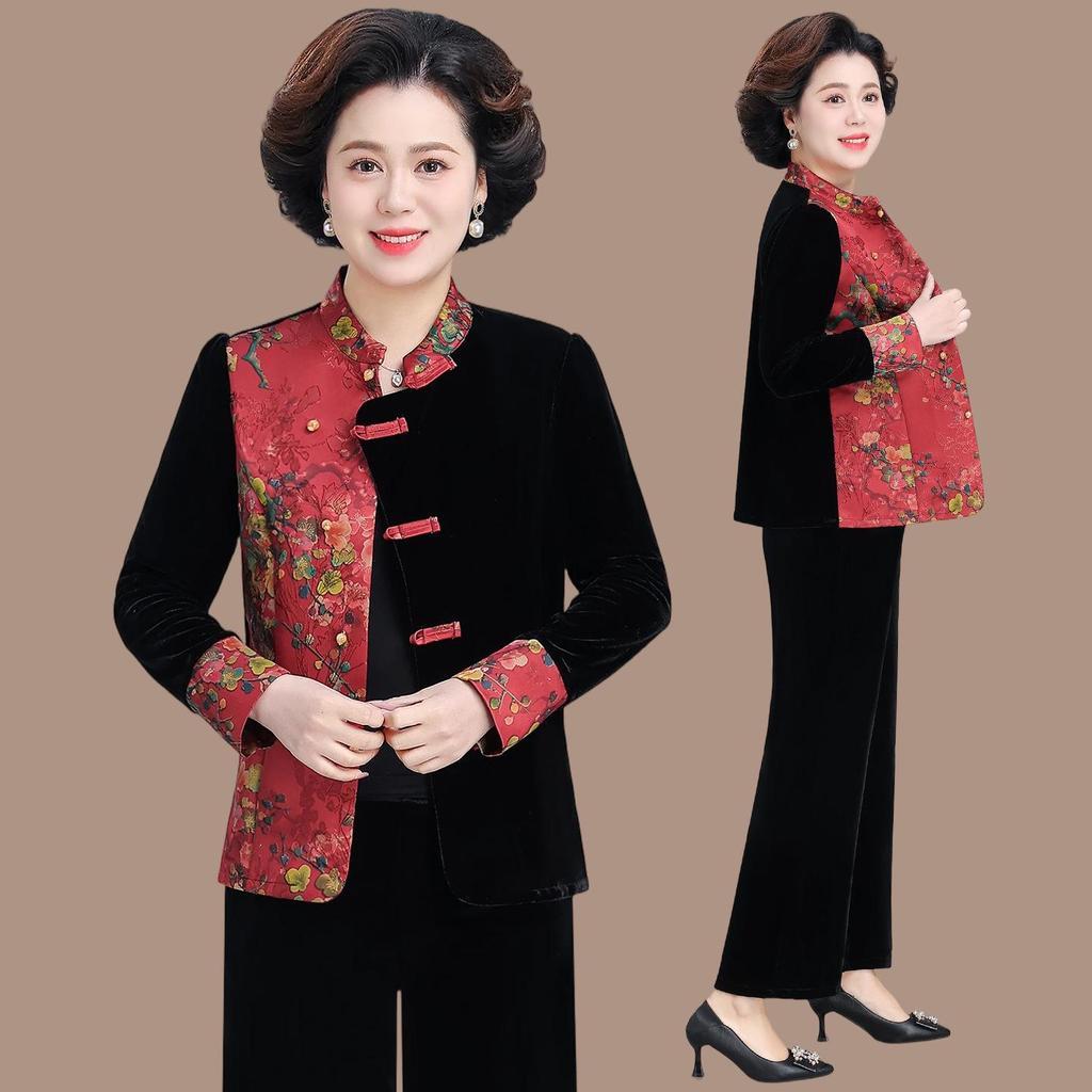 2026 Spring/Autumn Chinese Style Velvet Patchwork Suit: Slim Retro Top & Wide-Leg Pants Set