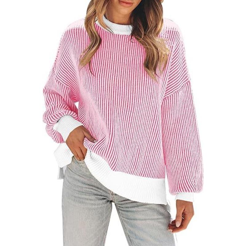 Neuer gestreifter gestreifter gestreifter farbiger Rundhals-Pullover lässig locker und vielseitig gestrickter Pullover-Top für Damen