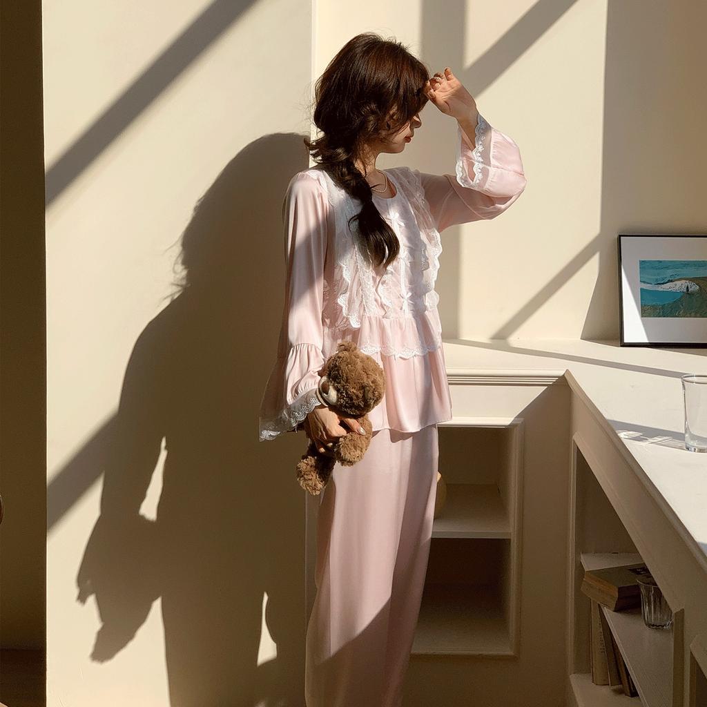 Spring and Autumn New Satin Silk Crew Neck Lace Long Sleeve Pants Pajamas Sexy Ice Silk Thin Two-piece Set