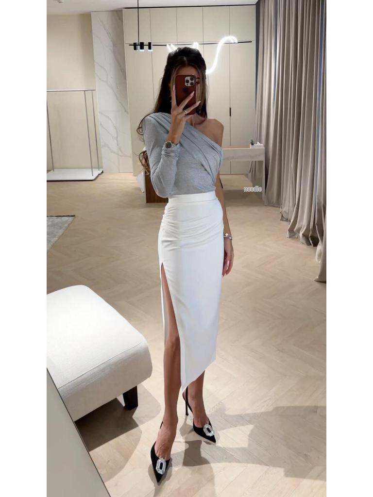 2024 Spring/Autumn One-Shoulder Long-Sleeve Elastic T-Shirt