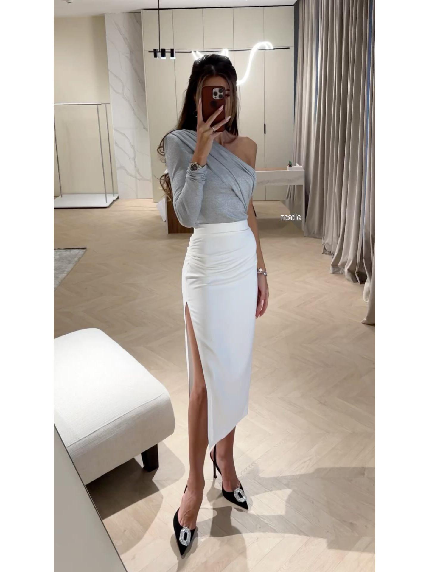 

2024 Spring/Autumn One-Shoulder Long-Sleeve Elastic T-Shirt Extra Large сірий колір