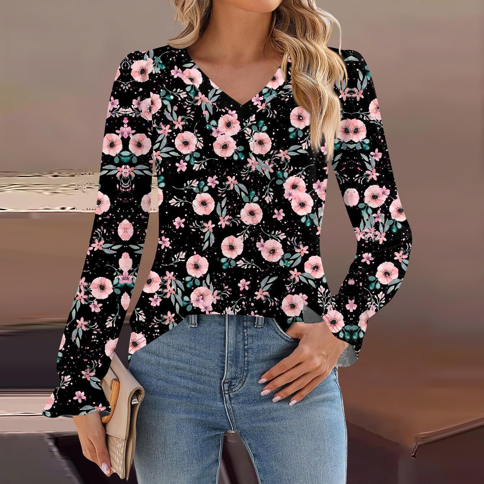 

Женская мода повседневная блузка с длинным рукавом и принтом, V-образным вырезом, рукавом-трубой M розовый