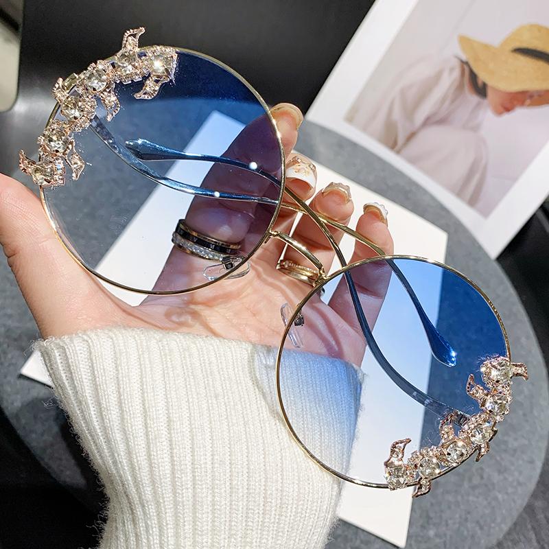 New Rimless Cut Edge Diamond Sunglasses Fashion Round Rhinestone Sunglasses Wave Design Mirror Leg Glasses