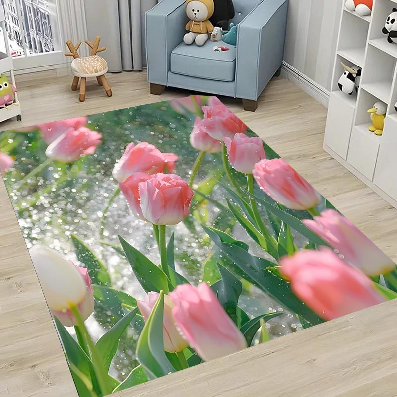Krásný 3D tištěný koberec s tulipány do obývacího pokoje, ložnice Alfombra Protiskluzový měkký kusový koberec Pohovka Vstupní rohožka Domácí rohožka Dekor Tapete