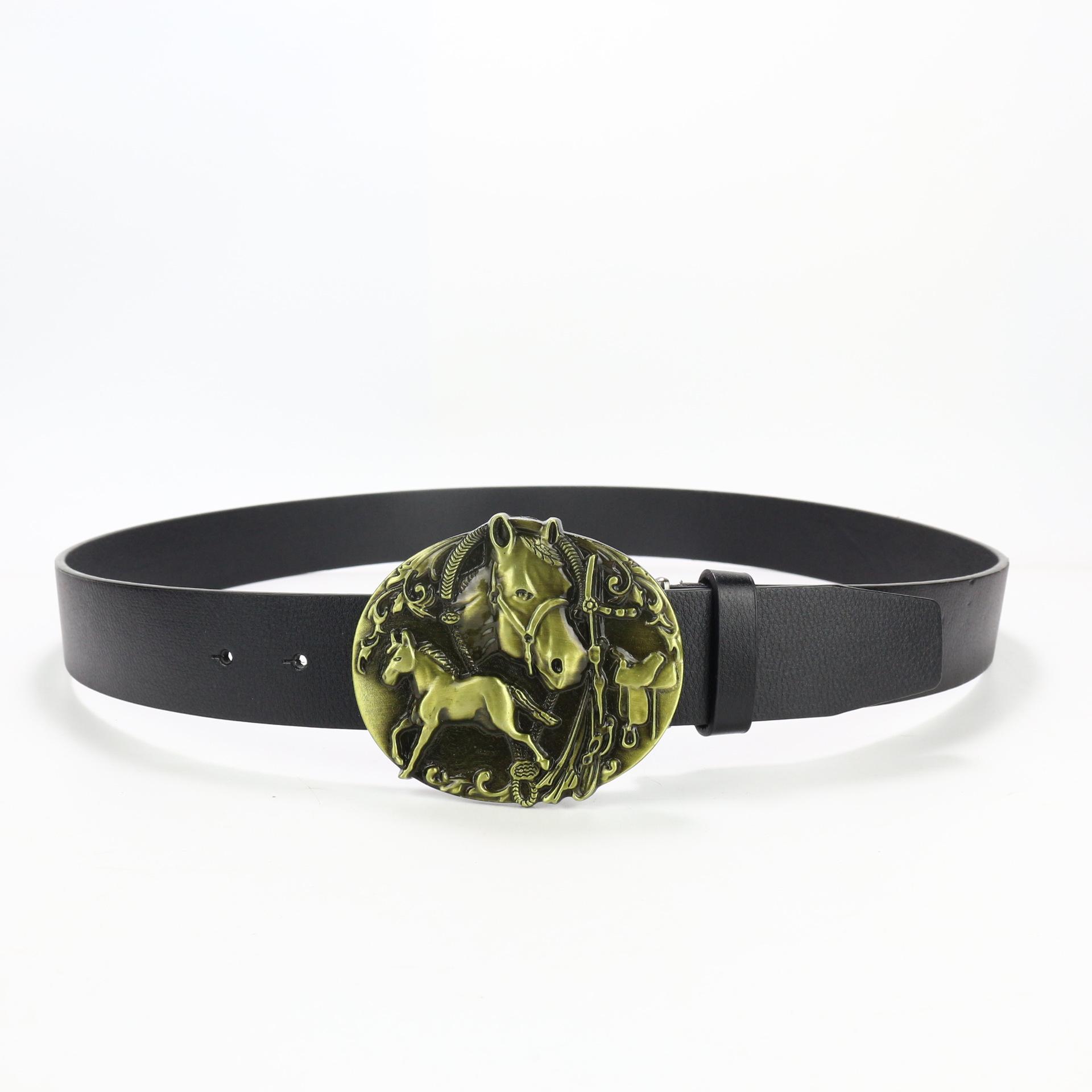 Западный Джинсовый Ремень Резной Голова Лошади Большая Пряжка Животное Ретро Мужской и Женский ПУ Нишевый Панк Плоский Ремень Length 130cm, width 3.8cm