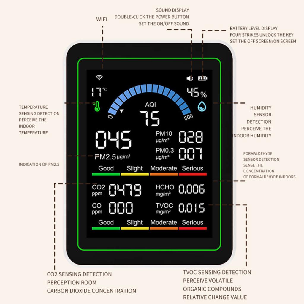 WiFi ZN MT13W Air Quality Monitor CO2 Detector CO Detector White