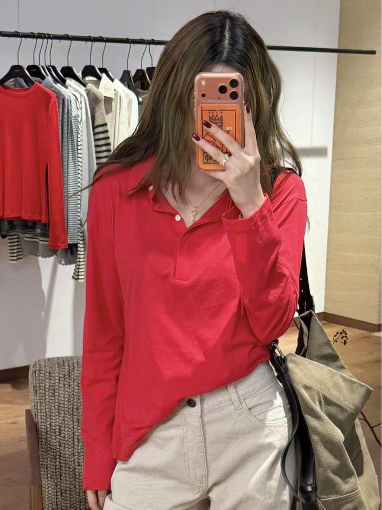Women's Red Long Sleeve Polo Collar Casual T-Shirt by Nanyou