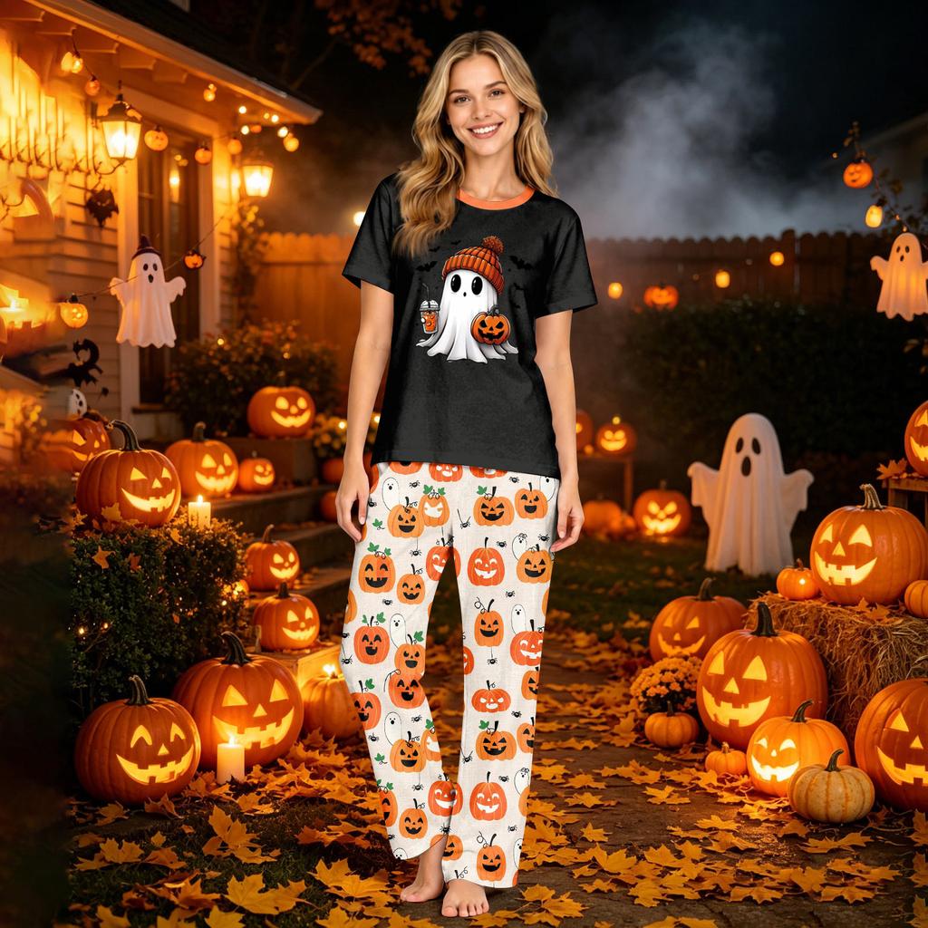 Familien-Passendes Halloween-Print-Pyjama-Set Kurzarm-Oberteil und Hose