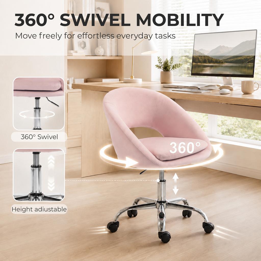 Velvet Desk Chair, Modern Office Chair with Height-Adjustable, Wheels, for Home Study Bedroom, Pink