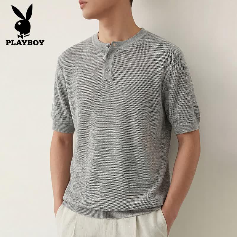 PLAYBOY Men s Lyocell Linen Henley Knit T-Shirt 2XL