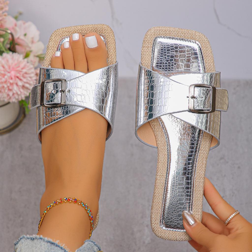 Women's Flat Slippers Summer Leather Square Toe Women Flats Flip Flops Designer Ladies Slides Sandals Women Shoes Luxury Sandals