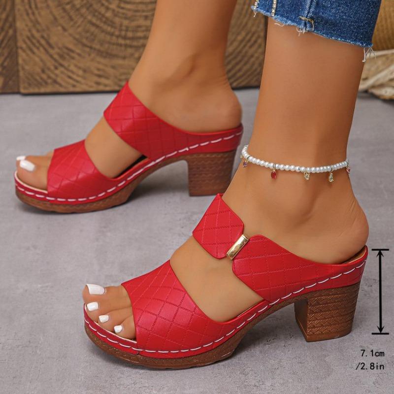 European and American Large-size Open-toed High-heeled Slippers Women's New Thick-heeled Embossed Fashion Cool Slippers