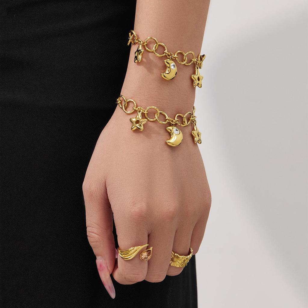 Exquisite Fairy Star & Moon Pendant Necklace Bracelet, Two-Color Electroplated Stainless Steel Clavicle Chain