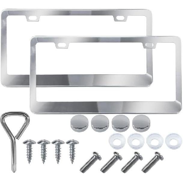 2PCS Stainless Steel Car License Plate Frames, 2 Holes License Plate Holder Car Tag With Washers And Screw Caps, Universal Licence Plate Cover Auto серебряный