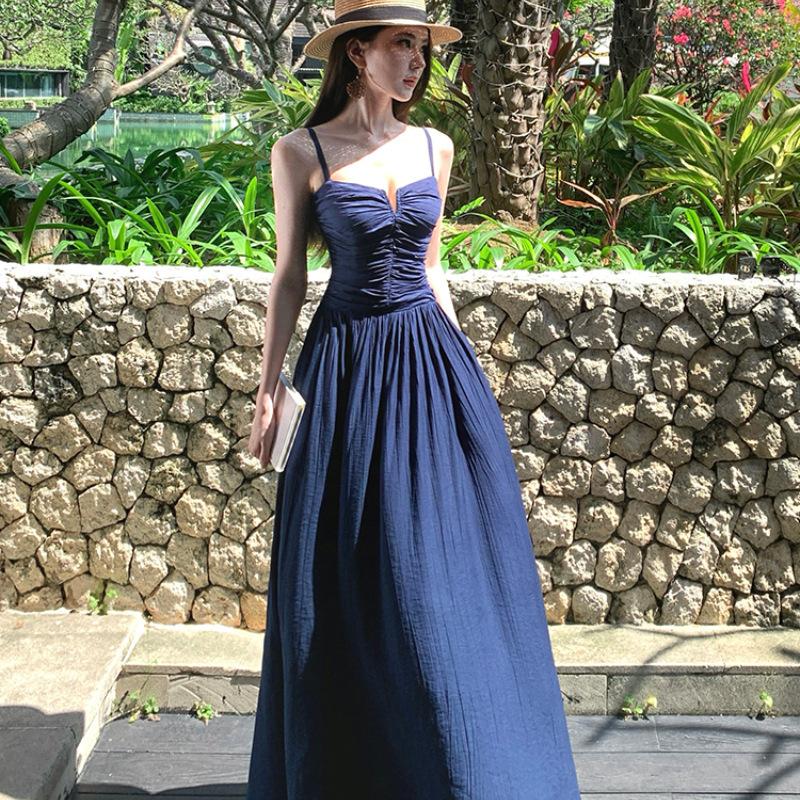 New French temperament backless suspender dress women's summer seaside vacation waist thin split fork dress