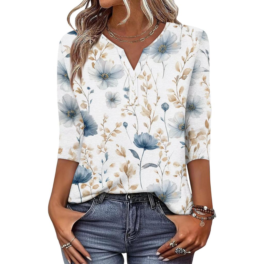 Women's Fashionable Casual Retro Floral Print V-Neck Button-Down Three-Quarter Sleeve T-Shirt Top