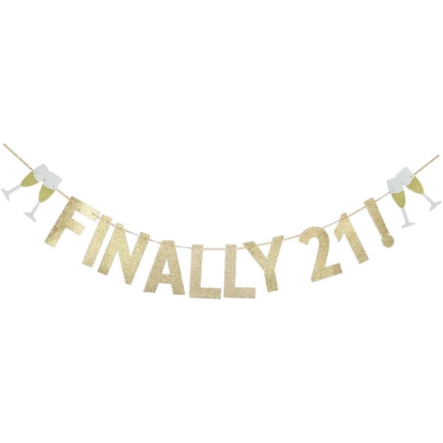 Finally 21 Banner, Gold Glitter 21st Birthday Party Sign Decorations Supplies