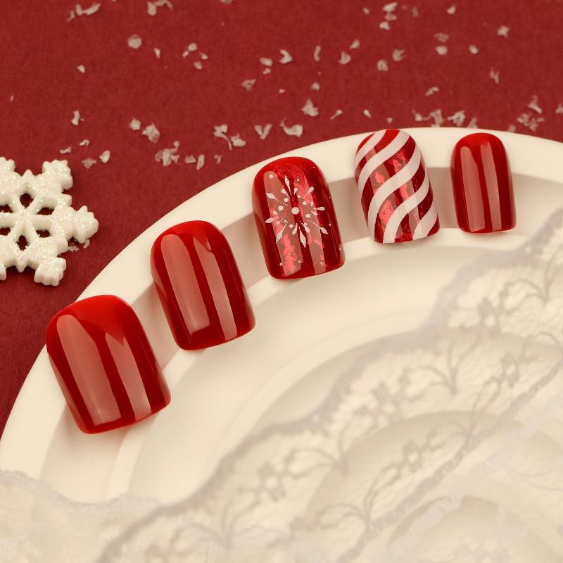 24Pz Rosso Natale Strisce Caramella Fiocco di Neve Quadrati Corti Unghie Finte Unghie Finte Punte Regalo Per Donne