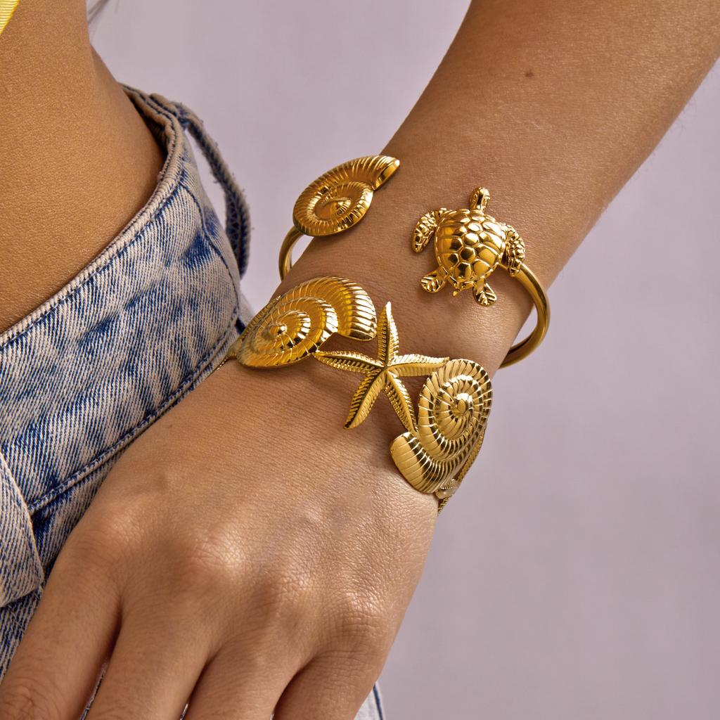 Stainless Steel Ocean Series Wide Bangles for Women Gold Color Metal Shell Starfish Wave Open Cuff Bracelet Beach Party Jewelry
