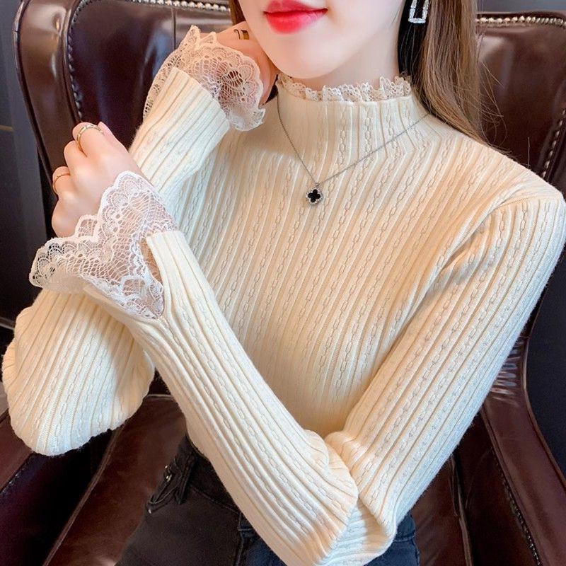 Autumn and Winter Slim Fit Half High Collar Patchwork Lace Long Sleeved Base Knit Sweater Top for Women
