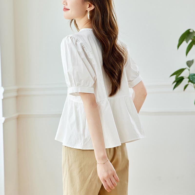 Latest Summer French Niche Lace Round Neck Embroidered Blouse Commuter Chic Top