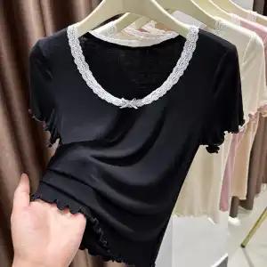 Women's Lace Trim V-Neck T-Shirt Soft Modal Short Sleeve Top